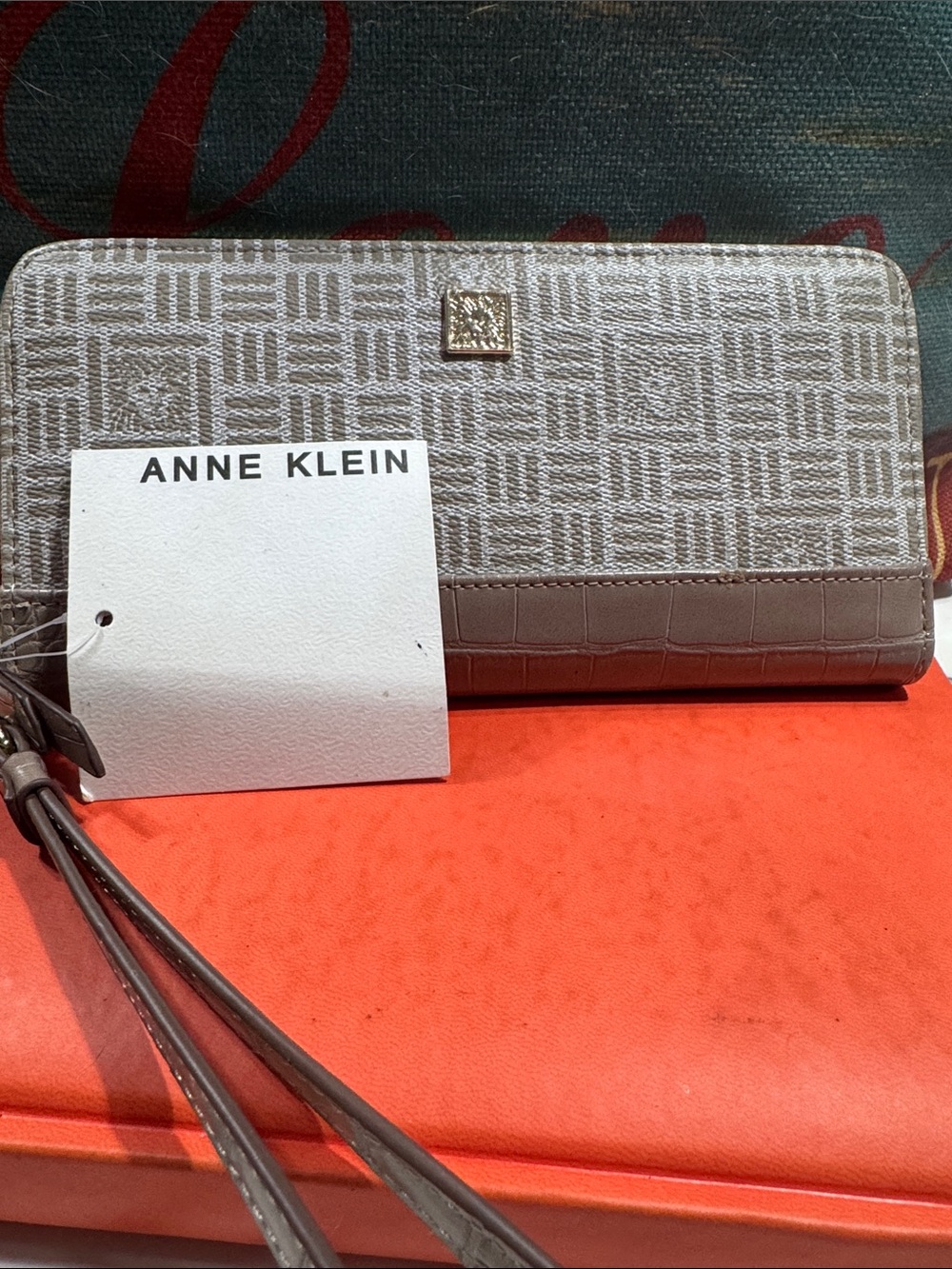 Anne Klein Taupe & Cream Logo Zip-Around Wristlet with Faux-Croc Trim